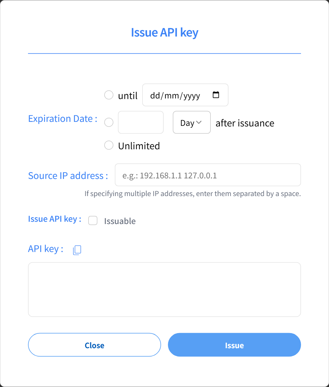 Figure. Issue API Key window